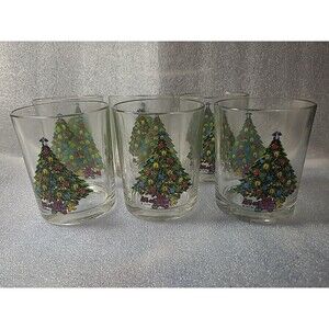 6 Vintage Action Christmas Tree Drinking Glasses Blue Angel Topper 4 1/8 Inches